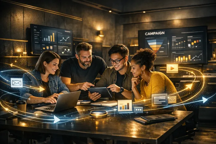 Abstract AI-driven marketing system with data flows and automation layers in black and gold