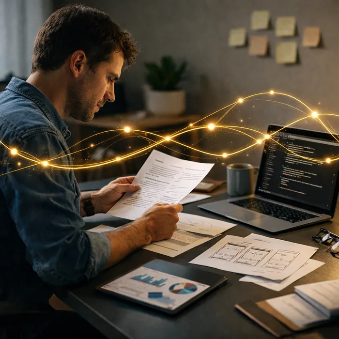 abstract gold workflow representing AI-assisted startup validation and product development pipeline